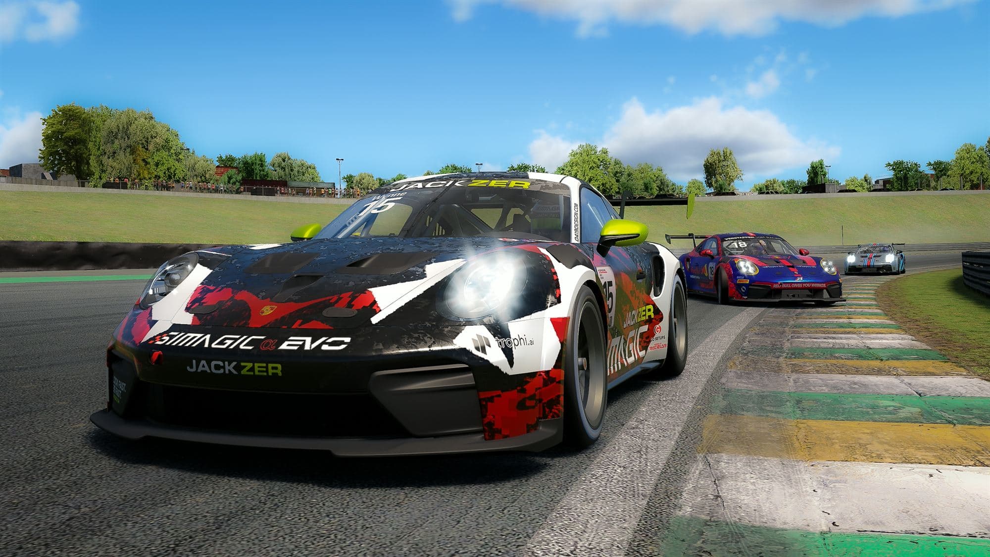 The JACKZER Porsche Cup livery by 0419 Design leading a pack of Cup cars