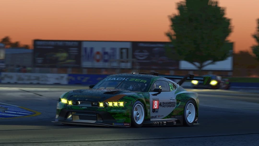 JACKZER Shamrock Motorsport Mustang GT3 livery by 0419 Design, racing at sunset