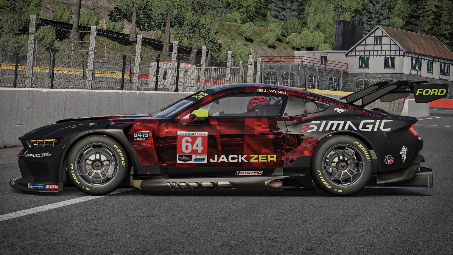 Red and black JACKZER Mustang GT3 livery by 0419 Design, side profile at Spa