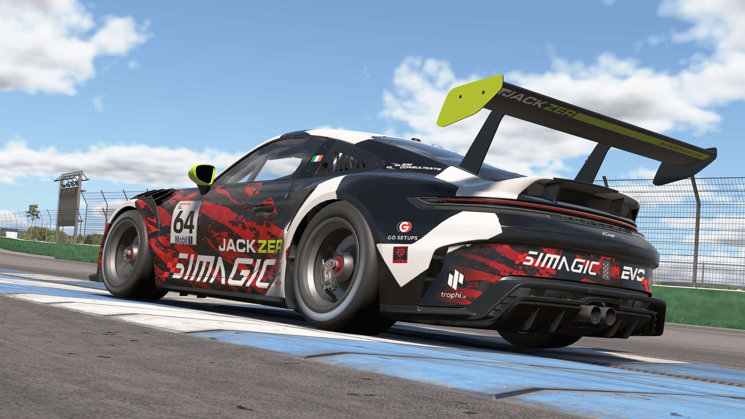 Black, red and white JACKZER Porsche Cup livery by 0419 Design with the lime rear wing