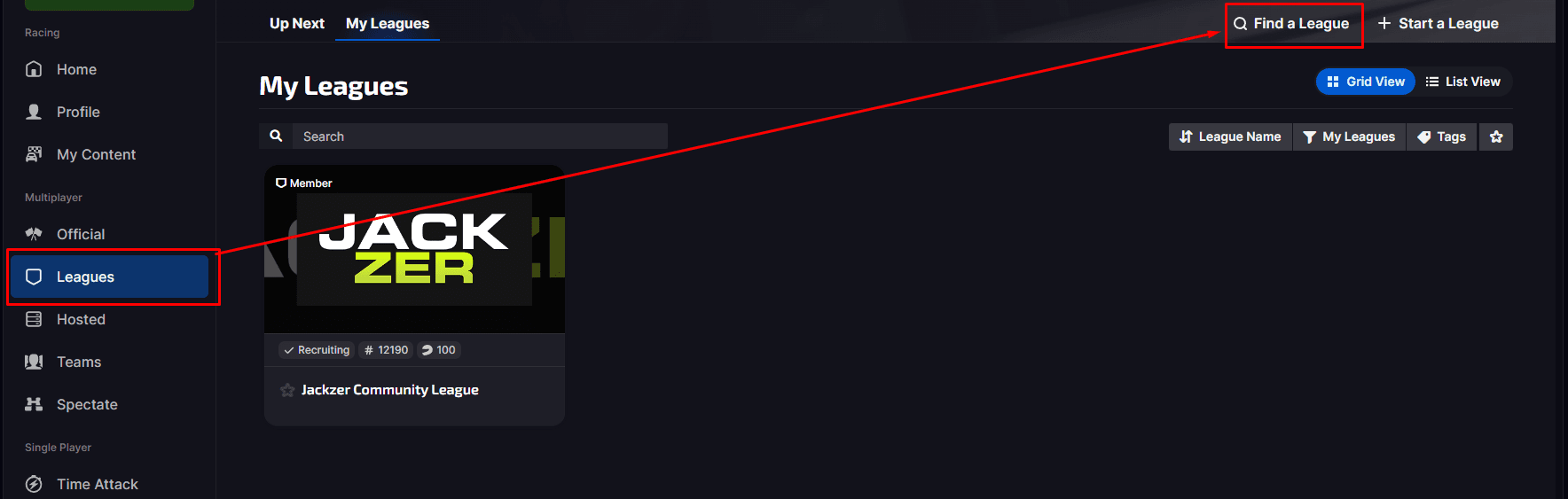 iRacing UI with the Leagues tab highlighted in the left sidebar and the Find a League button highlighted in the top right, showing the Jackzer Community League card numbered 12190